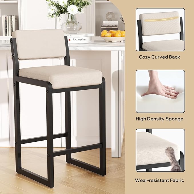 Bar Stools Set of 3, Fabric Counter Height Bar Stools with High Back and Metal Legs, Upholstered Bar Chairs, 26 in Height Modern Barstools for Kitchen Island, Camel