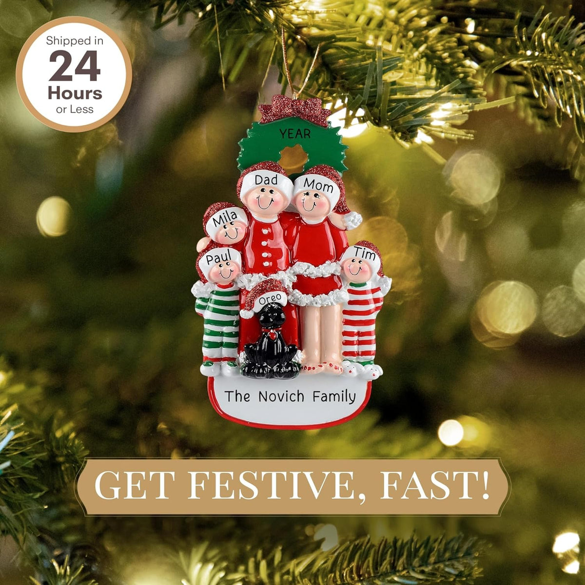 Personalized Family of 5 with Dog Ornament 2025 | Free 24h Customization | Christmas Ornaments for Tree | Custom Gift Wrapped Black Pet Keepsake for Dog-Lovers
