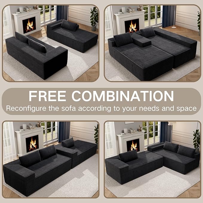 105" Modular Sectional Sofa L Shape for Bedroom, Modular Cloud Sofa with Deep Seat for Living Room, Upholstered Couches No Assembly Required Black, Left Facing Chaise