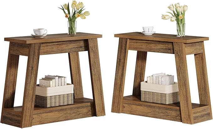 Tribesigns Wood End Table Set of 2, Small Side Table with 2 Storage Shelves, Rustic Accent Narrow Nightstand for Living Room, Bedroom (2)