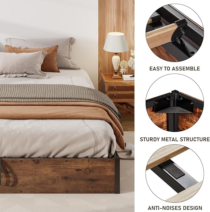 Queen Size Lift-Up Storage Platform Bed Frame, Metal Bed Frame with Wooden Slats Support, Spacious Underneath Storage, No Box Spring Required, Noise-Free, Rustic Brown