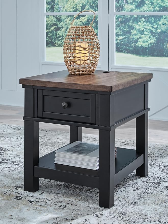 Signature Design by Ashley Wildenauer Farmhouse 1-Drawer End Table with Lower Shelf and USB Ports, Light Brown & Black