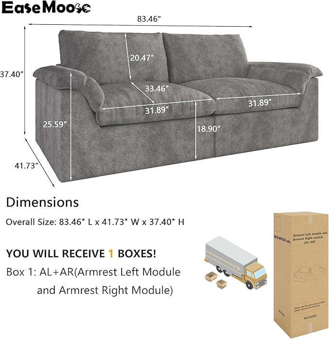 EASE MOOSE Oversized Boneless Couch for Living Room, Sectional Cloud Sofa, Modular Cloud Couch Loveseat, 2-Seater Deep Seat Sofas with Pillow for Bedroom, Apartment, No Assembly, Chenille (Grey)