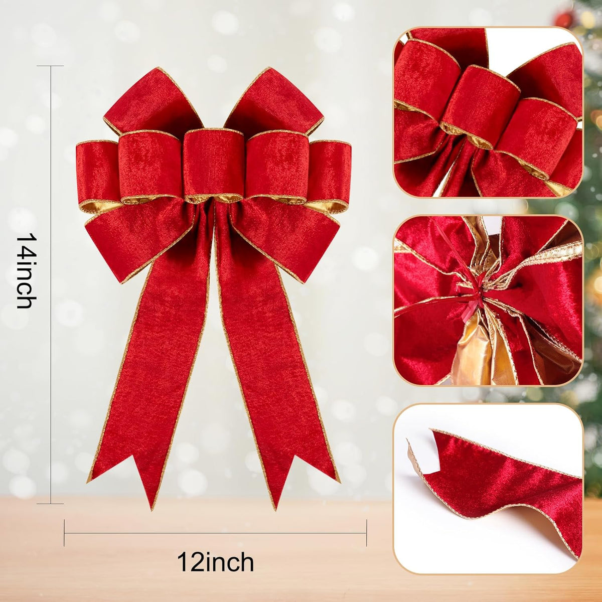 3pcs Large Christmas Bows Velvet Red Bows Holiday Red Christmas Bows Decorations for Wreath Velvet Bows Decor for Christmas Tree Topper, Front Door, Outdoor(14 * 12 inch)