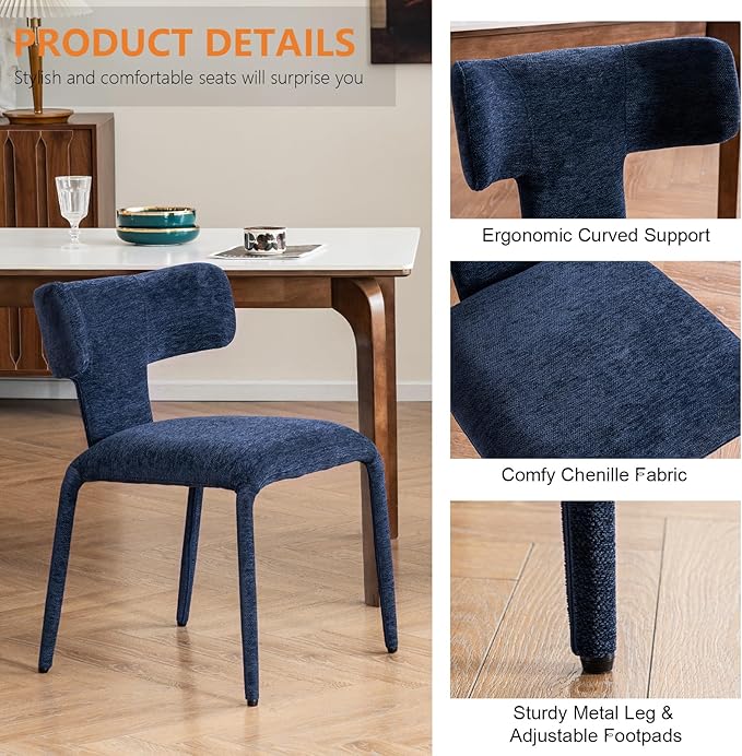 Kidol & Shellder Dining Chairs Set of 4,Modern Upholstered Fabric Dining Room Chairs with Curved Barrel Back,Armless Kitchen Chairs with Metal Legs and Padded Seat for Living Room and Bedroom Blue