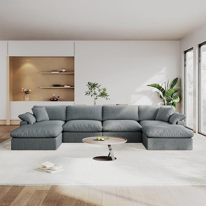 Modular Sectional Sofa Cloud Couch,Down Filled Comfy Cloud Modern Sofa,Light Blue Linen U Shape 6 Seater Oversized Couch Cushion Covers Removable for Living Room
