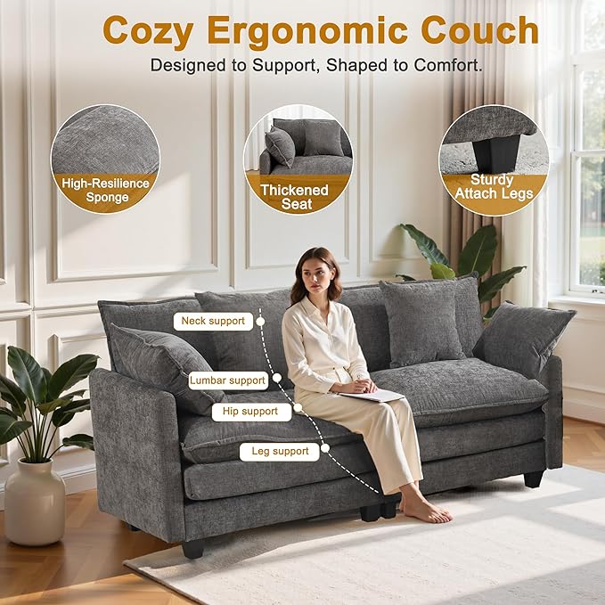 77" Cloud Chenille Sofa Set with Pillows, Deep Seat Loveseat Couch for Apartments, Space Saving 2-Seater with Solid Wood Frame, Easy Assembly (1YR Guarantee)