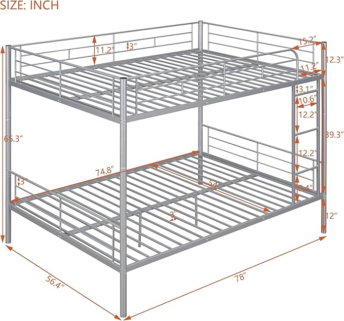 Merax Full Over Full Metal Bunk Bed with Ladder and high Guardrail, Able to Split, Storage Space, No Box Spring Needed, Noise Free, Silver
