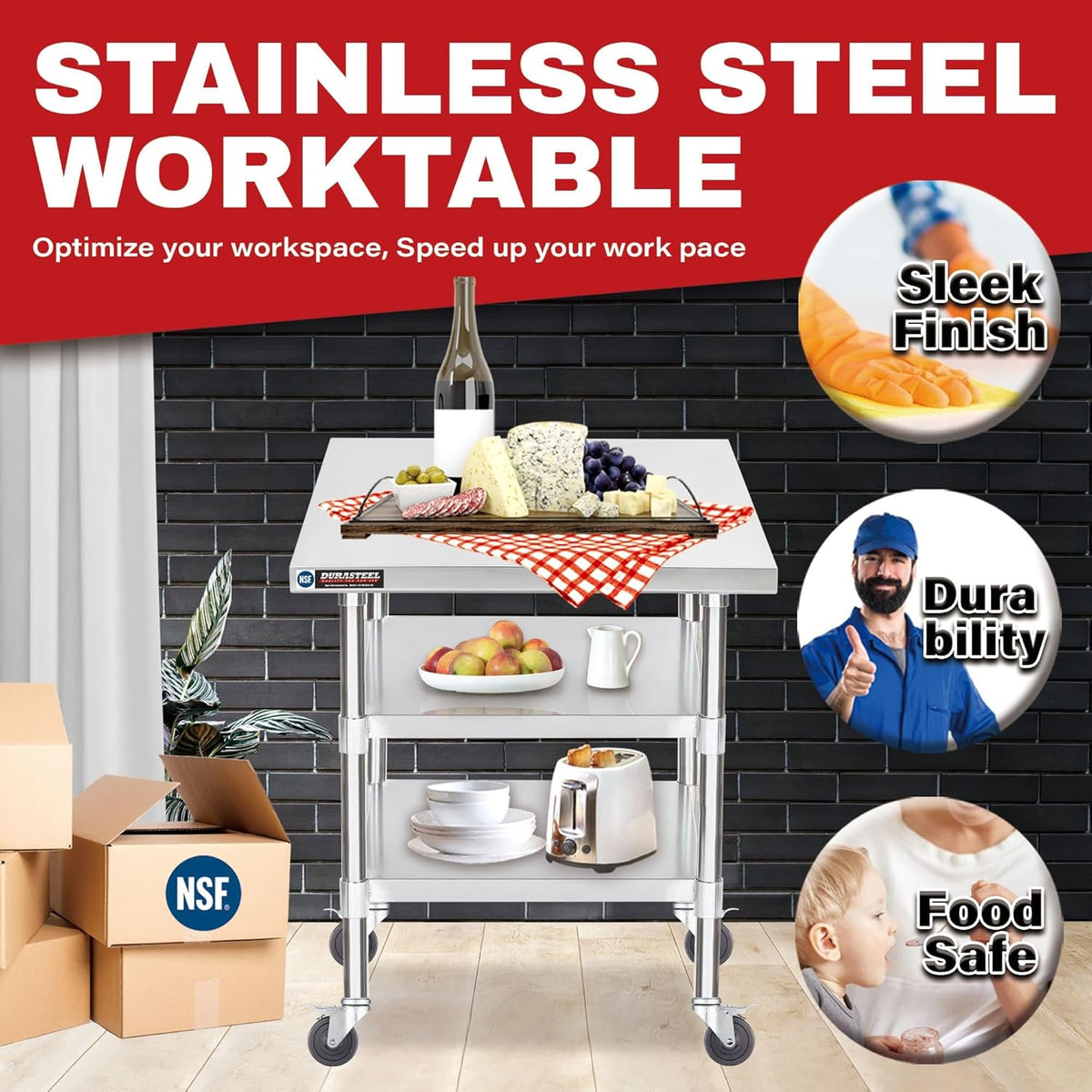 DuraSteel Stainless Steel Work Table 30" x 30" x 34" Height w/ 4 Caster Wheels - Food Prep Commercial Grade Worktable - NSF Certified - Good for Restaurant, Business, Warehouse, Home, Kitchen, Garage