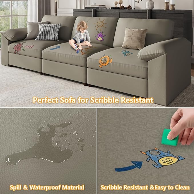 EASE MOOSE Oversized U Shaped Couch,Modular Sectional Convertible Sofa with Wide Deep,Extra Large Faux Leather Scratch Resistant Modern Couch for Big Spaces,Light Grey