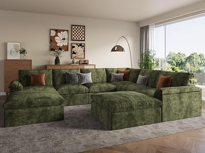 EASE MOOSE Oversized Boneless Sectional Couch-8-Seat, Corner V-Shaped Deep-Seat Modular Cloud Sofa, No-Assembly Chenille Sofa for Living Room, Green