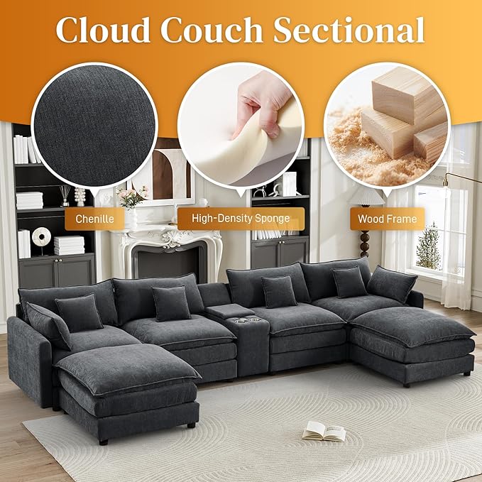 HYJT-H&K 145" U Shaped Cloud Couch Modular Black Sectional Couches for Living Room, Comfy Fluffy Chenille Oversized Cloud Sectional Couch Large 6 Seat Sectionals Sofa Set Central Console USB Port