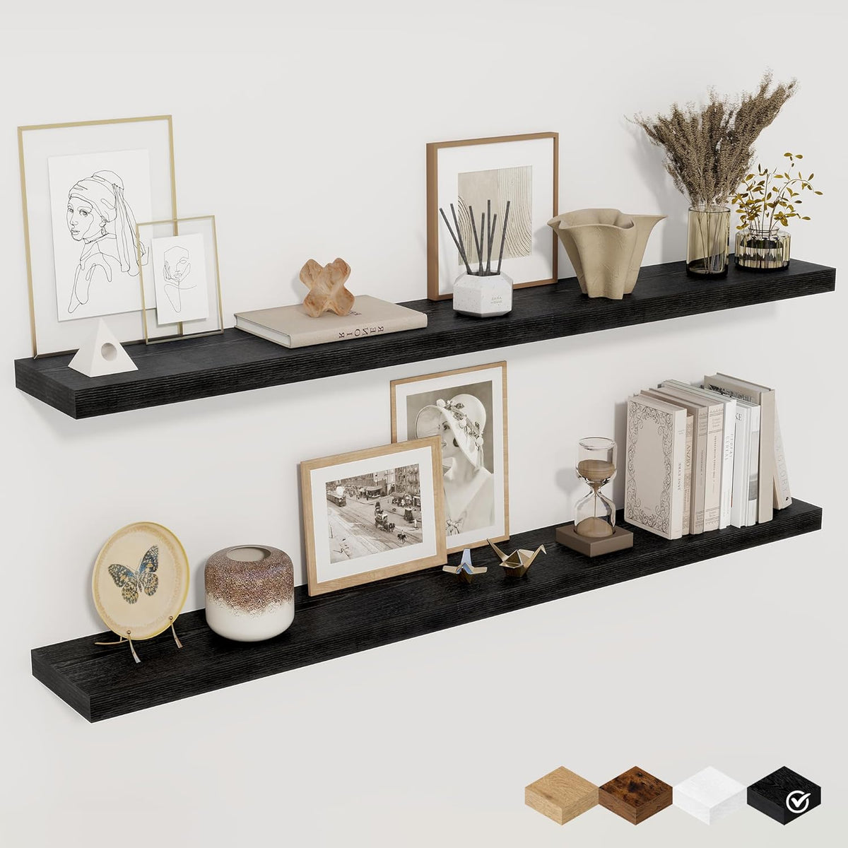 Floating Shelves for Wall, 48 Inch Floating Shelves for Home Decor, Wall Mounted Rustic Wood Shelves, Bathroom, Hanging Deep Shelf for Bedroom, Living Room, Kitchen (Black, Set of 2)