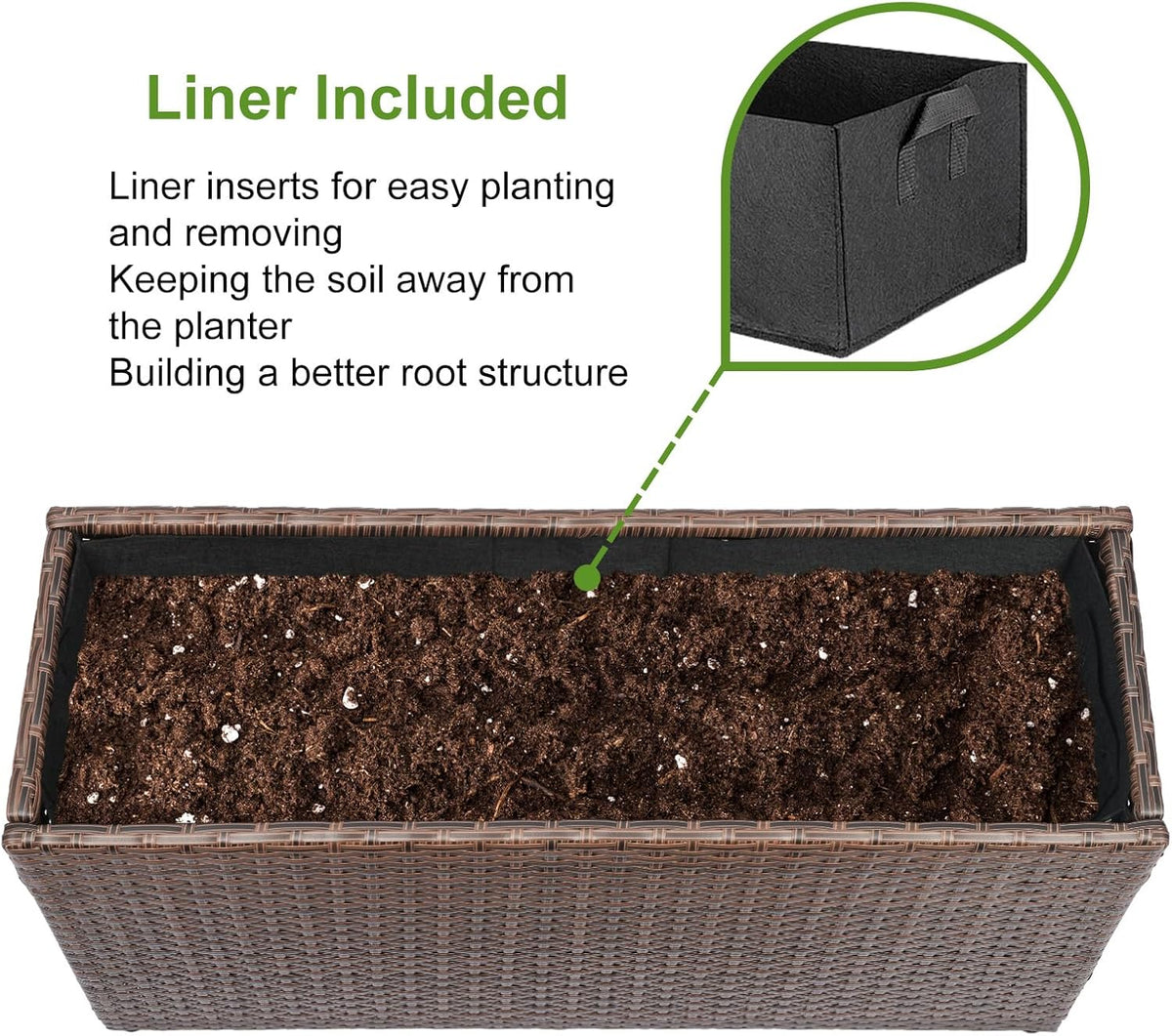 LEWIS&WAYNE Large Rectangular Block Planter Box Handmade Wicker Tall Planters for Outdoor Plants with Removable Liners Modern Planter for Indoor Outdoor Patio Deck - Brown, 30''x12''x16''