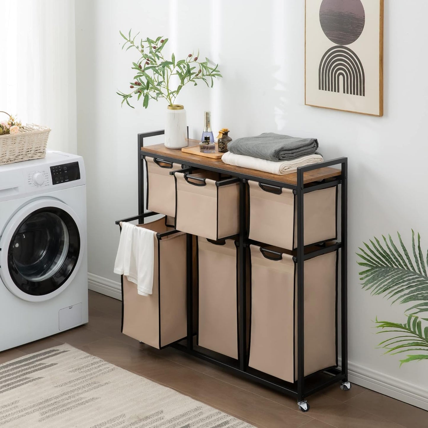 Laundry Basket Organizer, Hampers for Laundry 6 Compartments, Laundry Hamper with 6 Sliding Laundry Sorter Bags, Top Storage Shelf, and Metal Frame (6 Compartments)