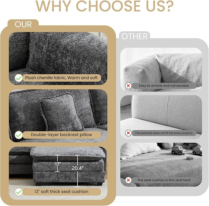 112" Modular Sectional Sofa with Movable Ottoman, L Shaped Couches for Living Room, 3 Seater Comfy Cloud Couch with Removable Cover, Armrest Pillow (Grey)
