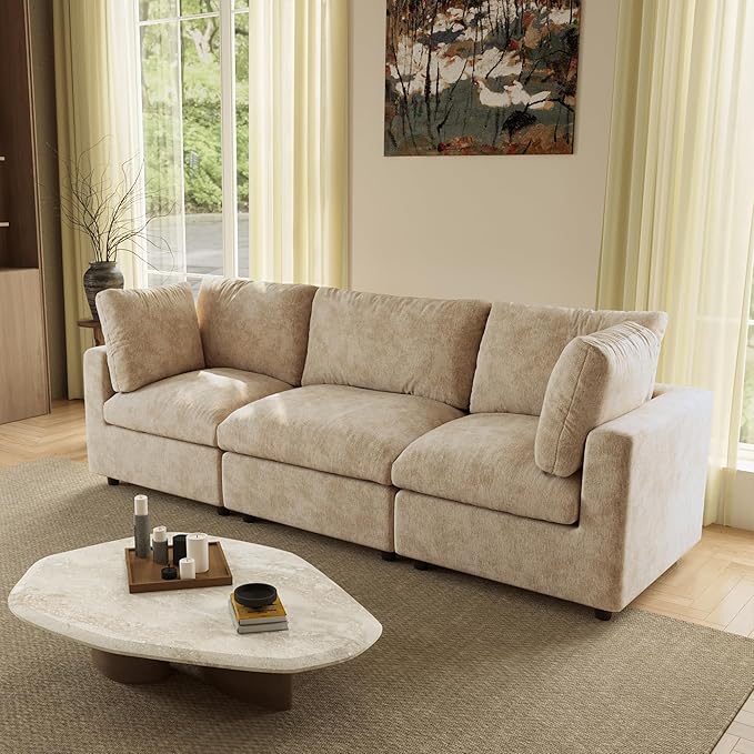 WJShome Modern Sectional Couches for Living Room,100 Inch 3-Seater Chenille Deep Seat Modular Sofa, Cloud Couch for Bedroom and Apartment，Khaki