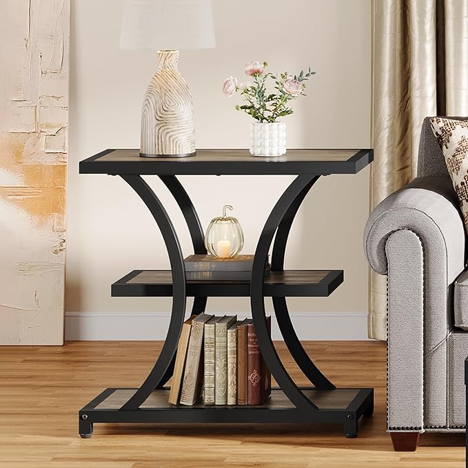 Tribesigns End Table with Storage, 3-Tier Side Table with Geometric Metal Design, Industrial Nightstand for Small Spaces, Living Room, Bedroom, Study Room (1, Grey)