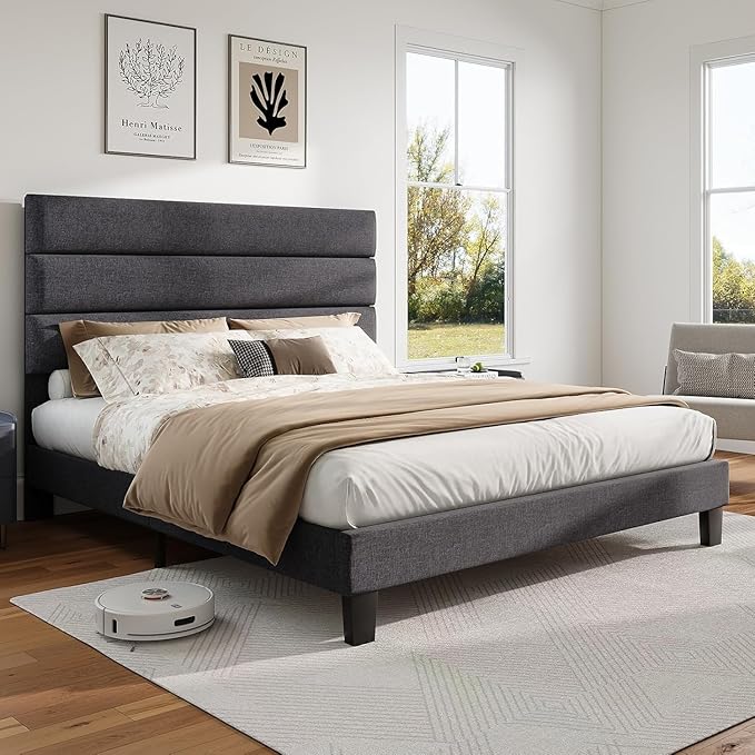 AMERLIFE Queen Size Bed Frame with Linen Upholstered Headboard, Modern Platform Bed with Wooden Slats Support, Noise-Free, No Box Spring Needed, Easy Assembly, Grey