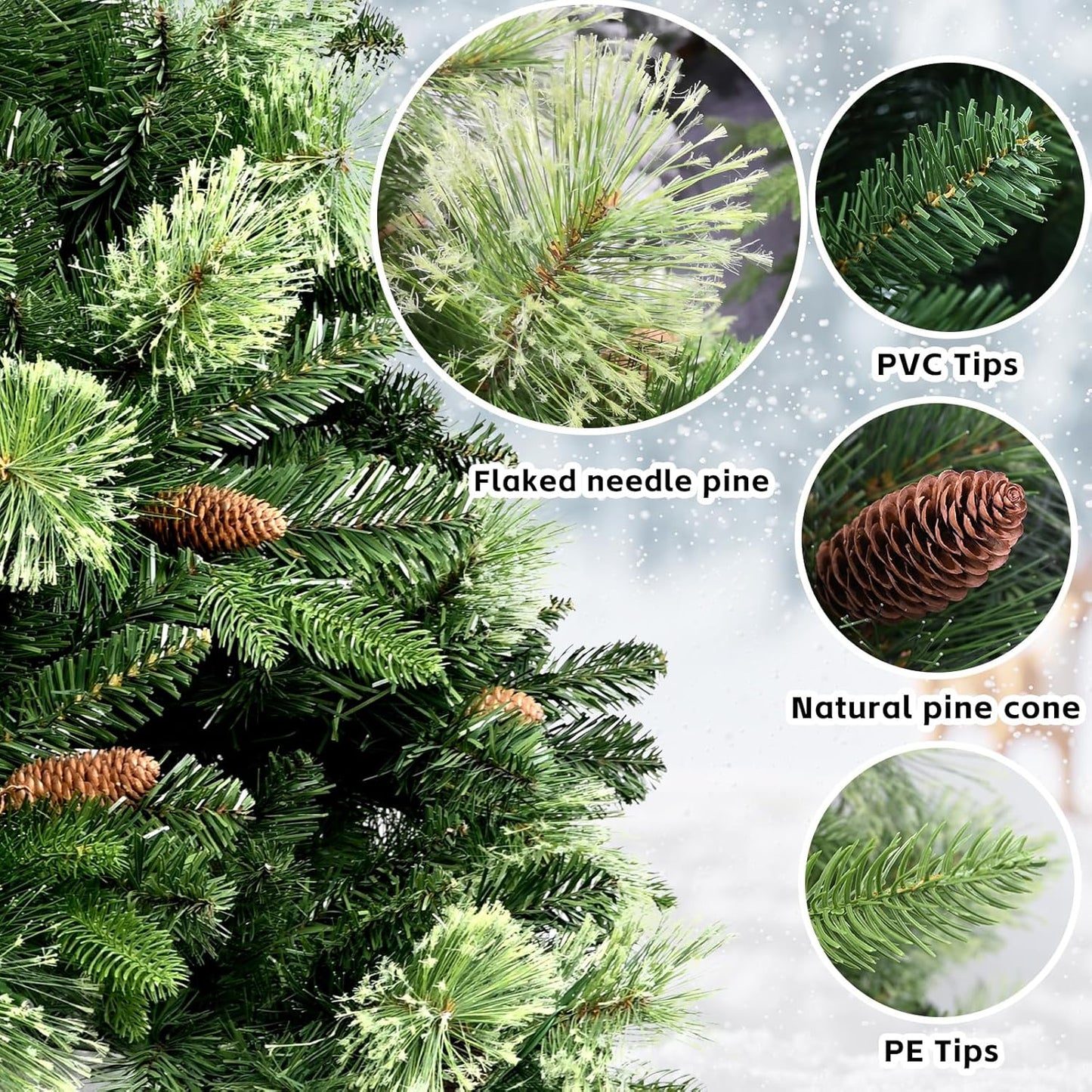 Kadunmina 6ft Prelit Christmas Tree, Artificial Carolina Pine Christmas Tree with 410 Warm White Lights, Pine Cones, 980 Branch Tips and Metal Stand for Home, Office, Holiday Party Decoration