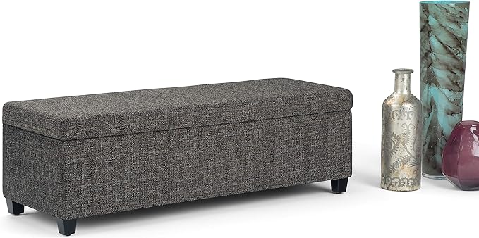 SIMPLIHOME Avalon Storage Ottoman Bench - 48 inch Wide Upholstered Tweed Look Fabric Rectangular Lift-Top Ottoman in Dark Grey, Contemporary Storage Bench for Living Room with High-Density Foam