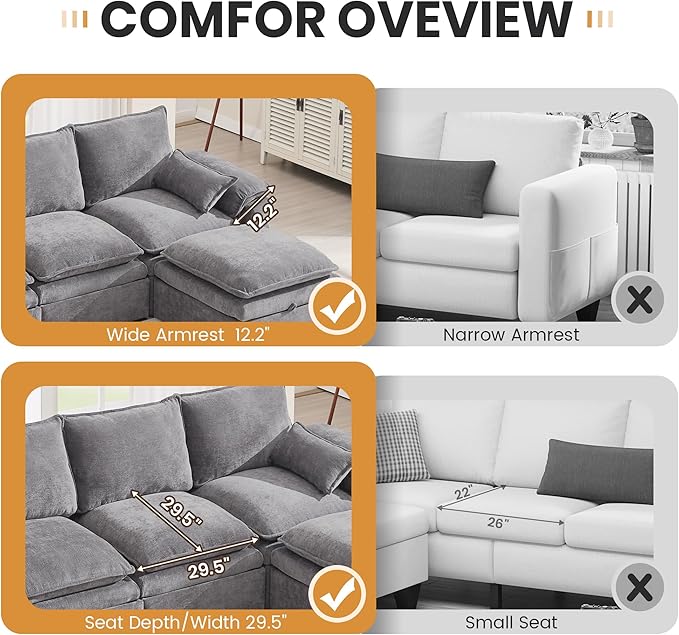 130" U Shaped Modular Sectional Sofa, Couch with Ottoman Storage, Chenille Cloud Couch with Plush Deep Seating for Living Room, Bedroom (9 Seat, Light Grey)