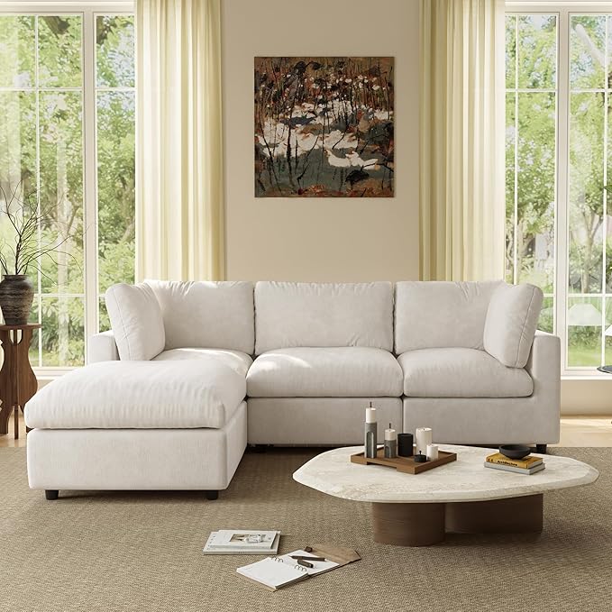 WJShome Modular Sectional Cloud Couch Modern L Shaped Sofa with Ottoman, 100 Inch 3-Seat Chenille Deep Seat Couches for Living Room, Bedroom and Apartment，Beige