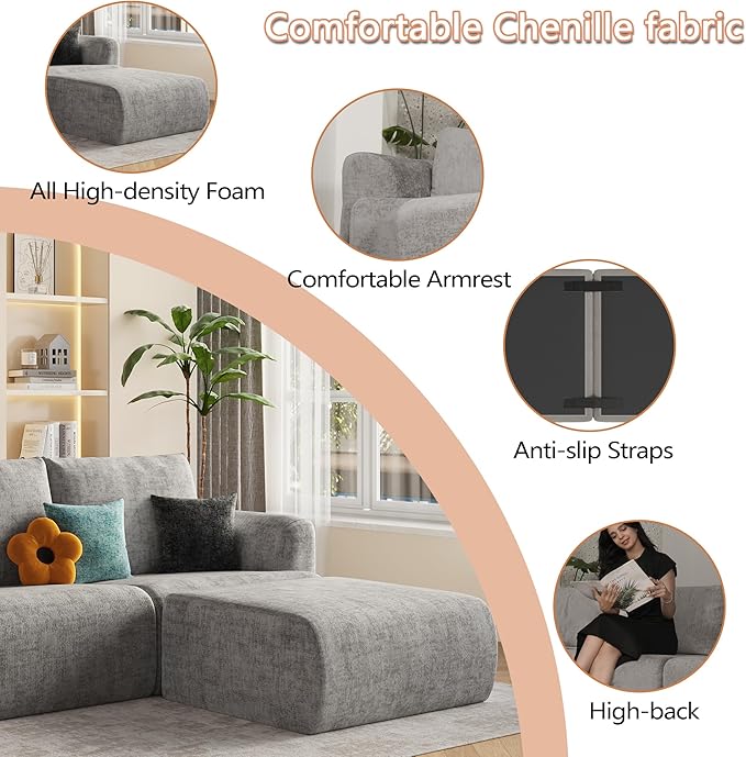 EASE MOOSE Cloud Couch Sectional Sofa, Large L-Shaped Oversized Modular Couch for Living Room, Minimalist Boneless Couches with Ottoman, 5-Seat Deep Sofas for Bedroom, Chenille (Light Grey)
