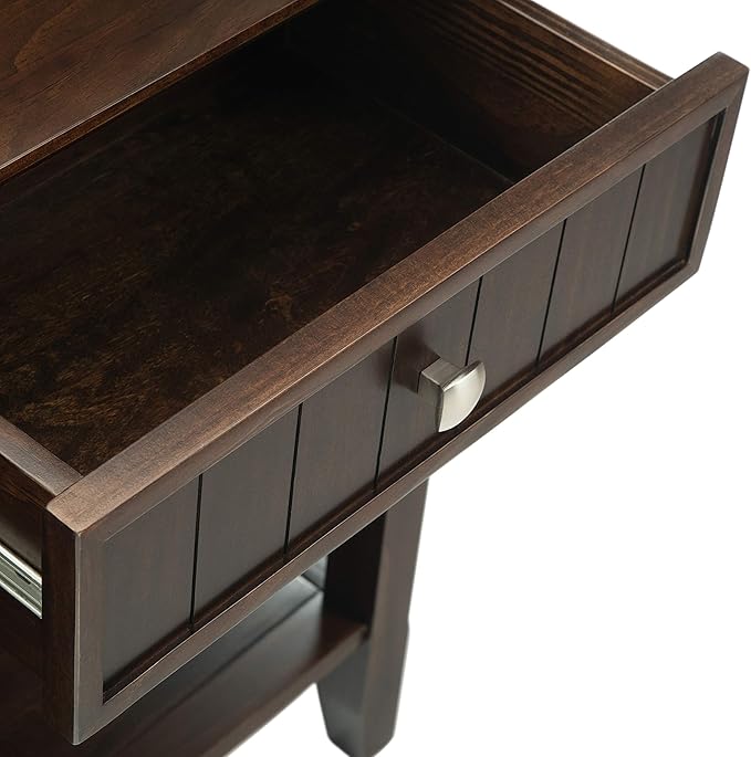 SIMPLIHOME Acadian Console Table - 60 Inch Wide Solid Wood Sofa Table in Brunette Brown, Transitional Storage Table for Entryway or Living Room with 3 Drawers and Open Bottom Shelf