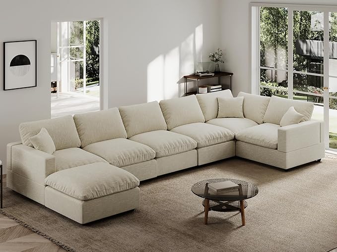 Modern Sectional Linen Couch for Living Room V-Shape Sofas,7 Seat Modular Cloud Sofas,Couches Cushion Covers Removable,Cozy Feather Down Sofa for Apartment Beige
