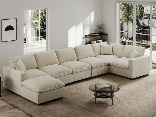 Modern Sectional Linen Couch for Living Room V-Shape Sofas,7 Seat Modular Cloud Sofas,Couches Cushion Covers Removable,Cozy Feather Down Sofa for Apartment Beige