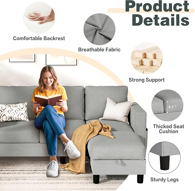 JY QAQA Convertible Sectional Sofa with 3-Seater Sofa, L-Shaped Ottoman Couch with Modern Linen for Apartment, Small Living Room and Small Space (Light Grey)