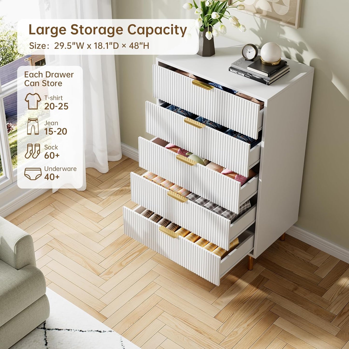 GAOMON 5 Drawer Dresser, Wood Chest of Drawers Organizer Storage with Gold Handle, Tall Storage Cabinet, Modern Design Dresser for Bedroom, Living Room, Closet, Hallway, Entryway, White