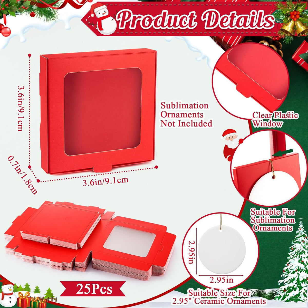 25 Pcs Sublimation Ornament Blanks Box 3.6"x3.6"x0.7" Christmas Ornaments Holder Ceramic Discs Packaging Box with Window for Personalized Xmas Tree Blanks Bulk (Red)