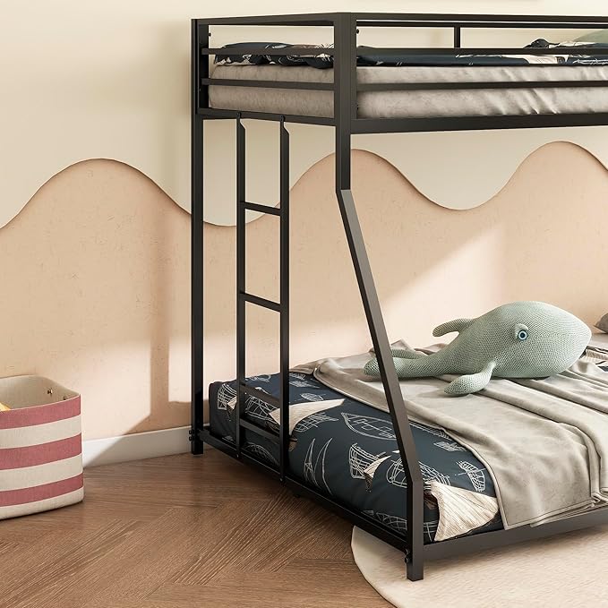 Twin Over Full Bunk Bed for Adults with Stairs Flat Rungs, Metal Bunk Beds Twin Over Full Size for Teens Dorm Bedroom Guest Room,Heavy Duty Bunk Beds with Ladder and Guardrail