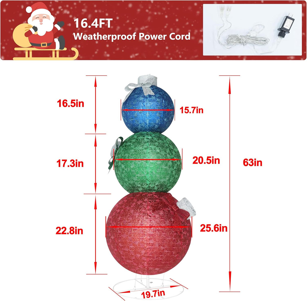 5FT Lighted Pop Up Stackable Ornaments for Christmas Decoration, 3D Pre-Lit Decor with 210 LED Lights with Easy Pop-Up Design, Freestanding Glittered Holiday Display for Outdoor, Indoor