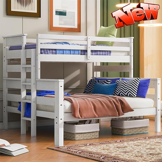 Upgraded Version Thicken Solid Wood Twin XL Over Queen Bunk Bed, Stronger Queen Size Bunk Bed Frame, Convertible into 2 Beds for Adult, Easy to Assemble (White,Twin XL Over Queen)