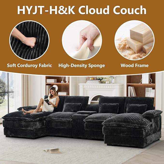 HYJT-H&K 124" U Shaped Cloud Couch Sectional, Comfy Plush Fluffy Corduroy Dark Grey Sectional Couches for Living Room, Modern Modular Corduroy Couch Sectionals with Central Console & Double Chaise