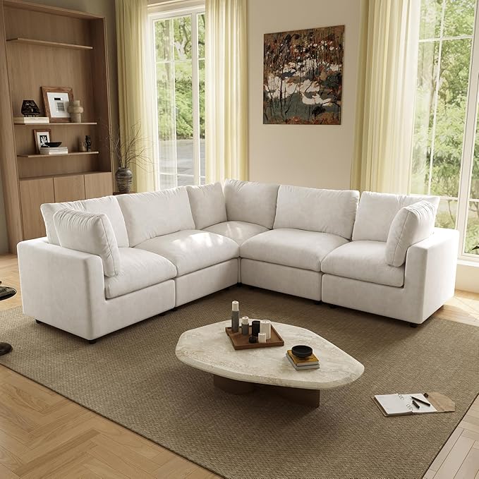 WJShome V Shaped Sectional Couch 100 Inch 5-Seater Modern Modular Sofa,Chenille Deep Seat Couches for Living Room, Bedroom and Apartment，Beige