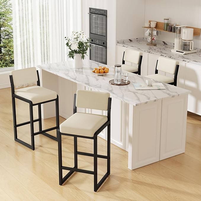 Bar Stools Set of 6, Fabric Counter Height Bar Stools with High Back and Metal Legs, Upholstered Bar Chairs, 26" Modern Barstools for Kitchen Island, Beige