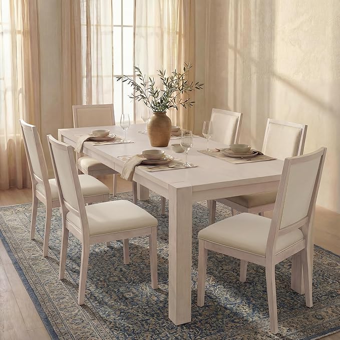 60"-80" Extendable Dining Table, Modern Rectangular Wood Kitchen Table, Farmhouse Expandable Dinner Table, Traditional Large Extension Meeting Desk for Dining Room, Living Room, Off-White
