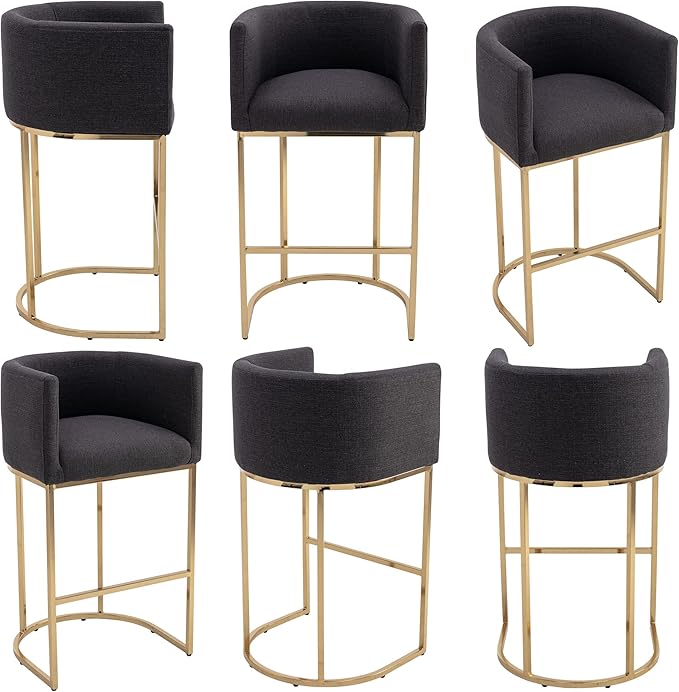 Contemporary Charcoal Linen Bar Stools Set of 4, 32" Upholstered Fabric Counter Height Barstool Kitchen Counter Island Stools with Golden Metal Base