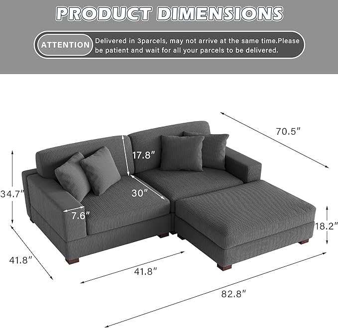 Modular Sectional Couches for Living Room, Modern Loveseat 2-Seater Sofa Couch with Ottoman, Upholstered Couches for Living Room Bedroom, Grey
