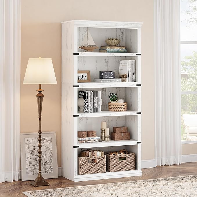 IDEALHOUSE 5 Tier Bookcase, Farmhouse Book Shelf with Storage, Tall Book Case Wooden 5 Shelf Bookcase for Home Office, Living Room, Bed Room (White, 67.4" H x 31.5" W x 12.8" D)