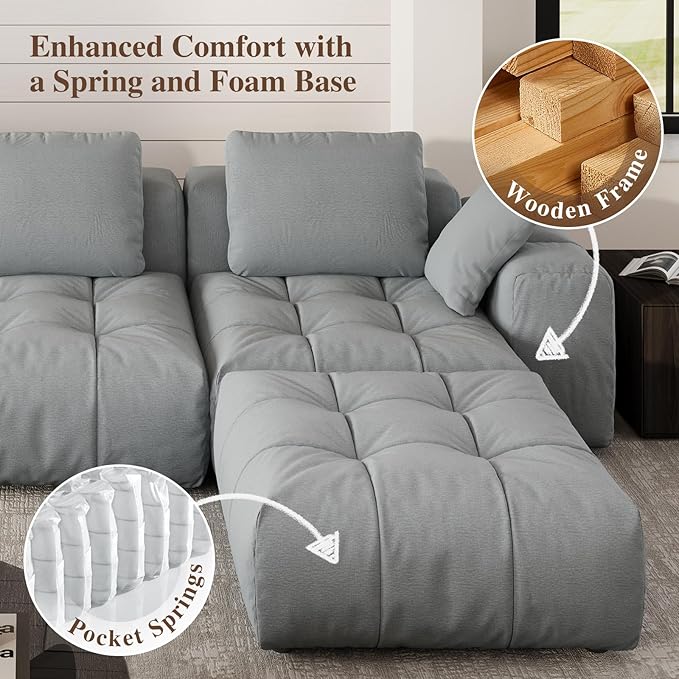 Cloud Sectional Couches, Comfort Linen U-Shape Modular Sofas with Wide Deep Seat, Down Filled Modern Upholstered Sofa Couch for Living Room, Apartment,Grey