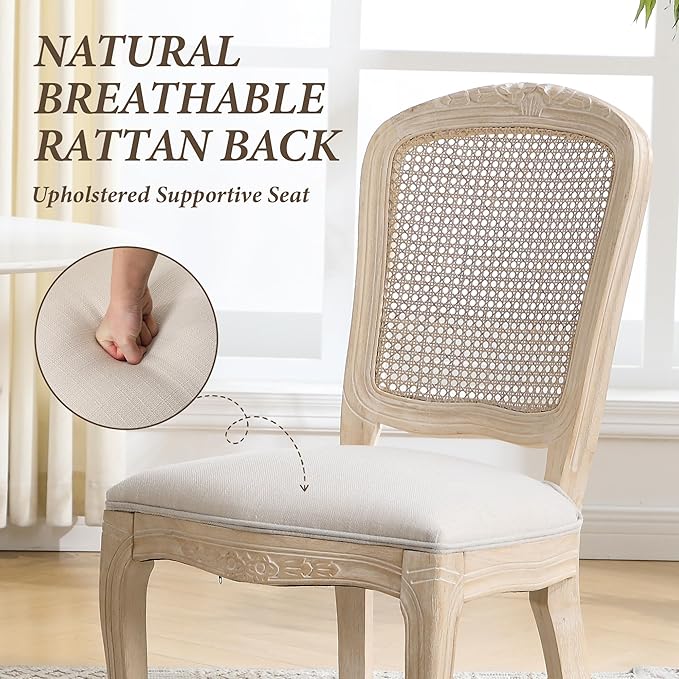 Wicker Dining Chairs Set of 6, Upholstered Linen Fabric Dining Room Chairs with Square High Rattan Back Farmhouse French Kitchen Chairs for Dining Table/Living Room/Restaurant, White