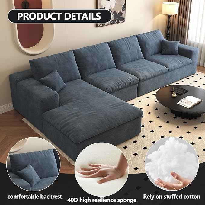 136.6'' L-Shaped Modern Modular Sectional Cloud Couch, 4-Seat Chenille Deep-Seat Sofa with Pillow for Living Room, Bedroom, Apartment, Ocean Blue
