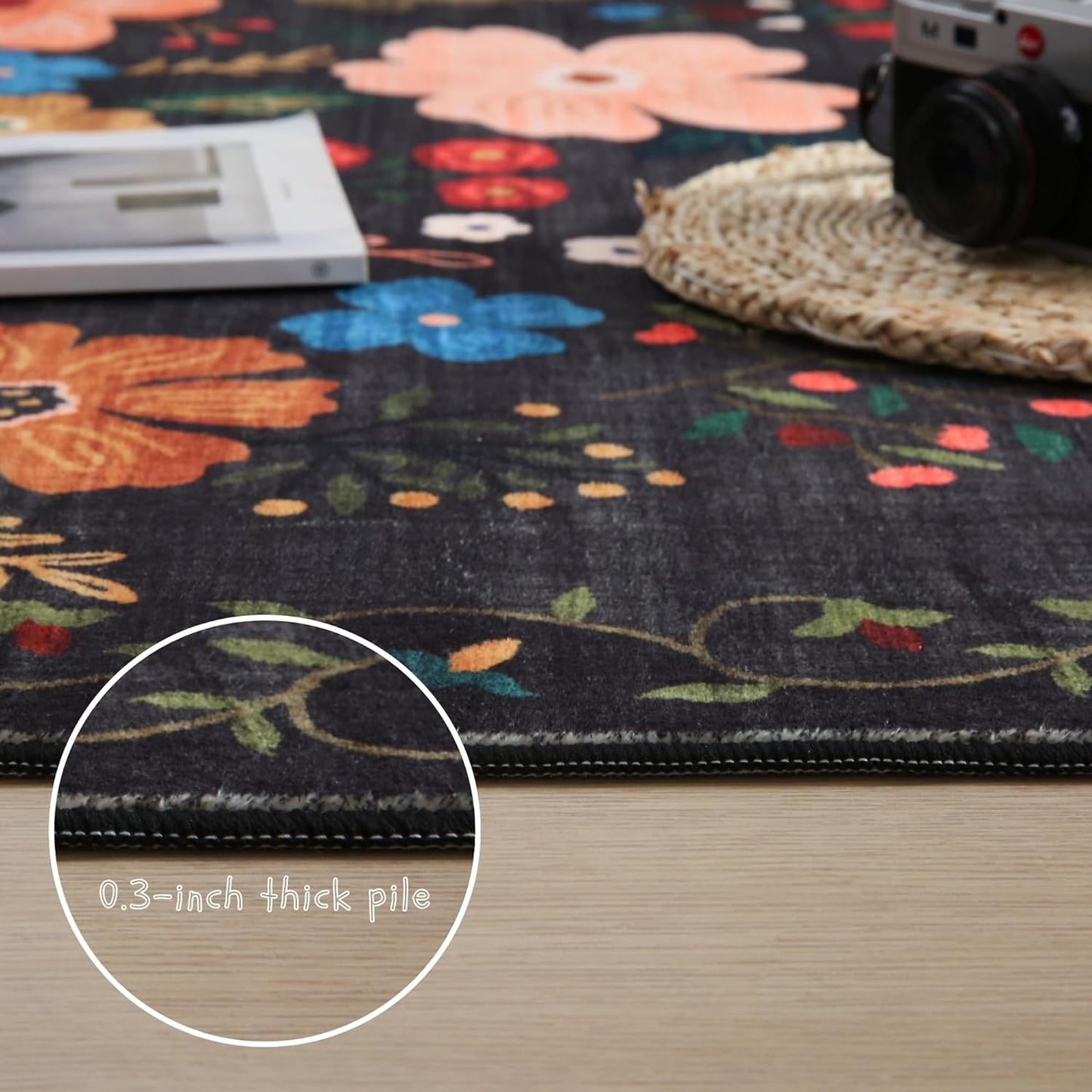 Living Room Rug 6x9 Rug Machine Washable Boho Area Rug Non Slip Floral Vintage Low Pile Large Rug for Living Room, Bedroom, Farmhouse, Dining Room, Kids Playroom(Black)