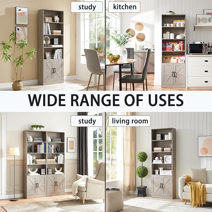 70in Tall Bookshelf 6 Tier Bookcase with Barn Doors and Adjustable Shelf, Oak Grey Farmhouse Book Shelves with Storage Cabinet, Wood Floor Standing Display Bookshelve for Bedroom, Living Room