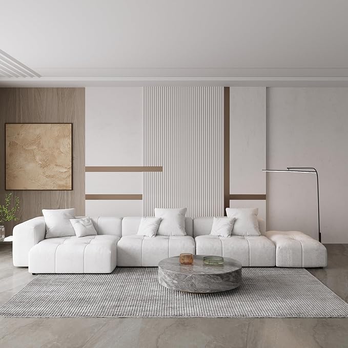WJShome 158" Oversized Modular Sectional Sofa, L Shaped Couch with Ottoman,Sectional Couches for Living Room,Large Linen Deep Seat with Pillow Couches for Home,Spacious Space,White